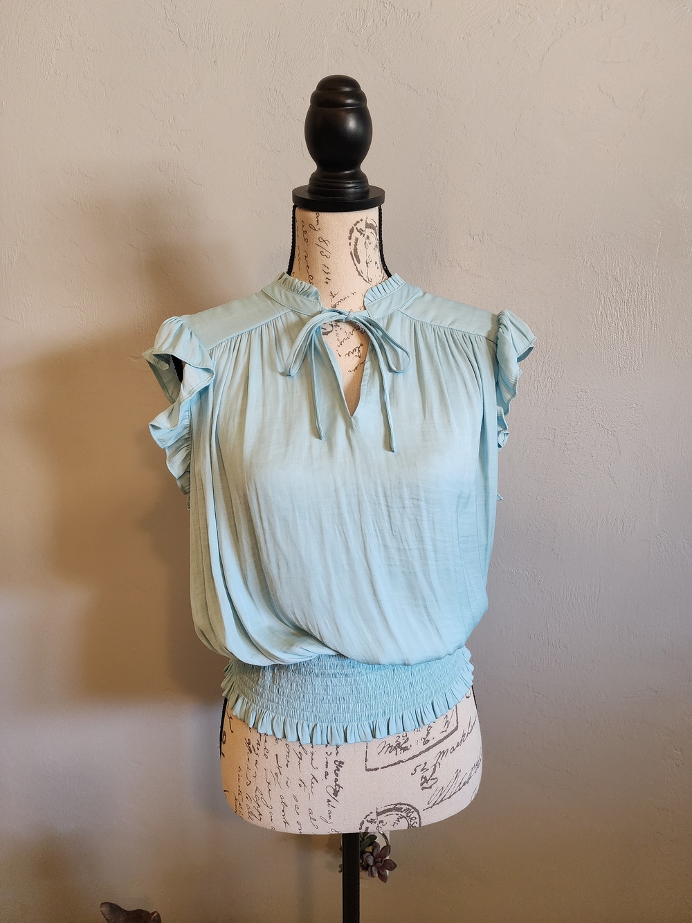 RACHEL Rachel Roy Pale Blue Ruffle Sleeve Tie-Neck Blouson Top